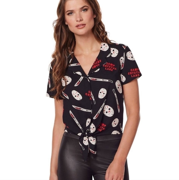 Friday the 13th Jason Voorhees Tie Front Blouse L - Picture 1 of 5
